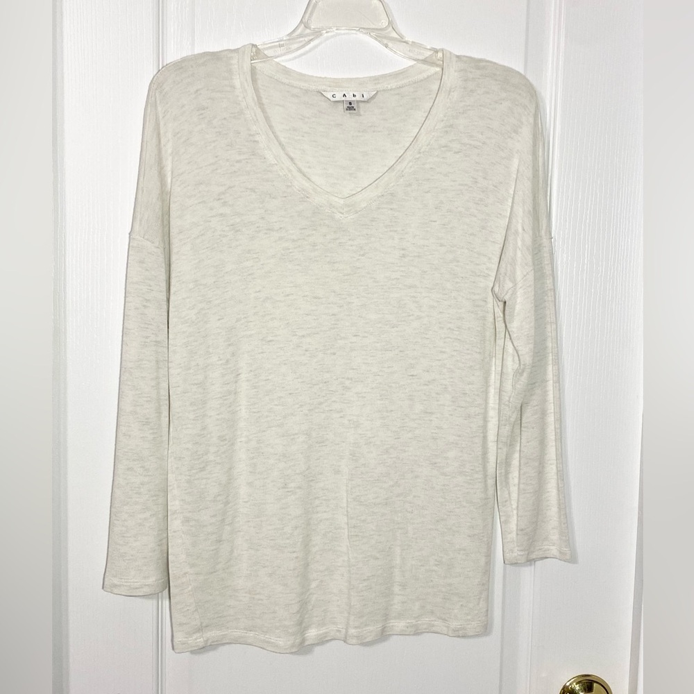 CAbi V Neck Long Sleeve Viscose Knit Top Ivory Gray Small